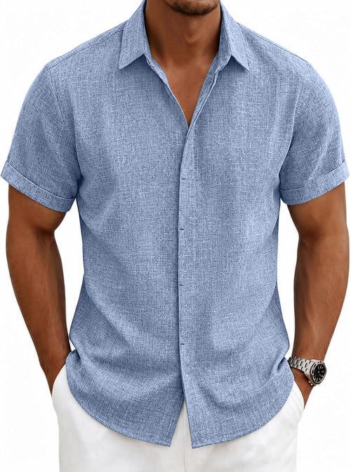 Men's Short Sleeve Linen Casual Button-Down Shirt for Summer Beach Vacations - Breathable Dress Shirt