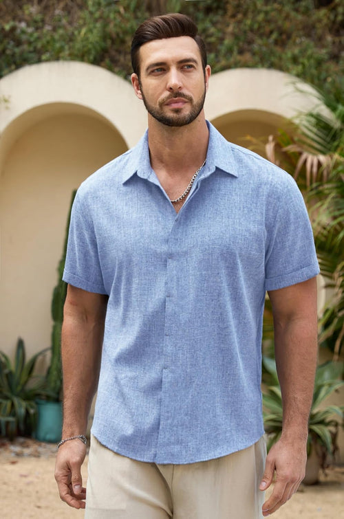 Men's Short Sleeve Linen Casual Button-Down Shirt for Summer Beach Vacations - Breathable Dress Shirt