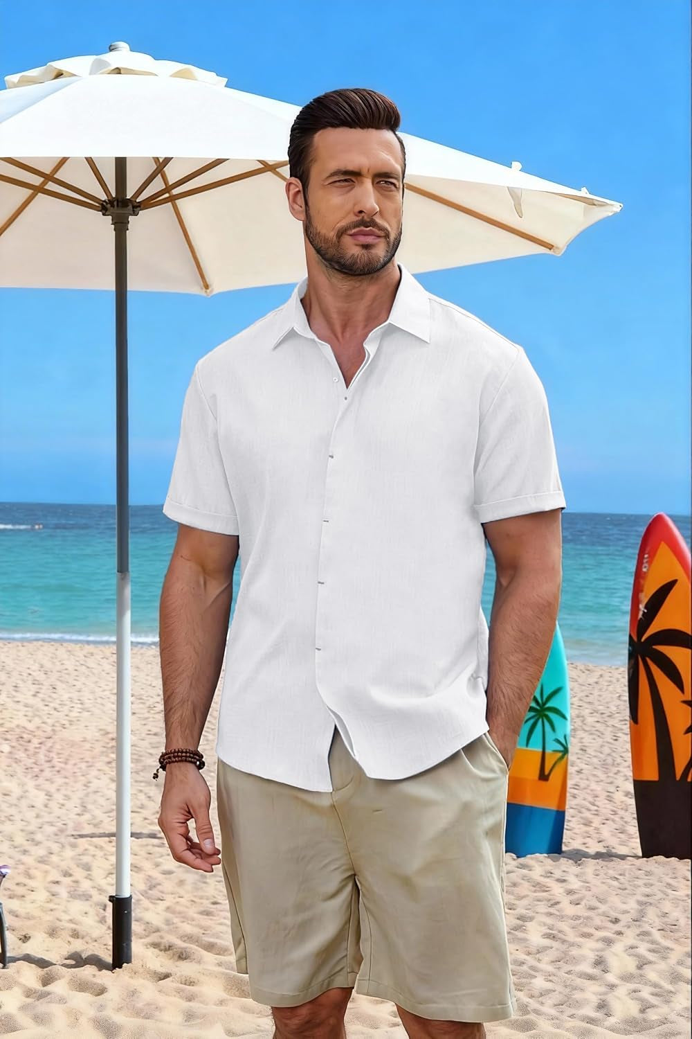 Men's Short Sleeve Linen Casual Button-Down Shirt for Summer Beach Vacations - Breathable Dress Shirt