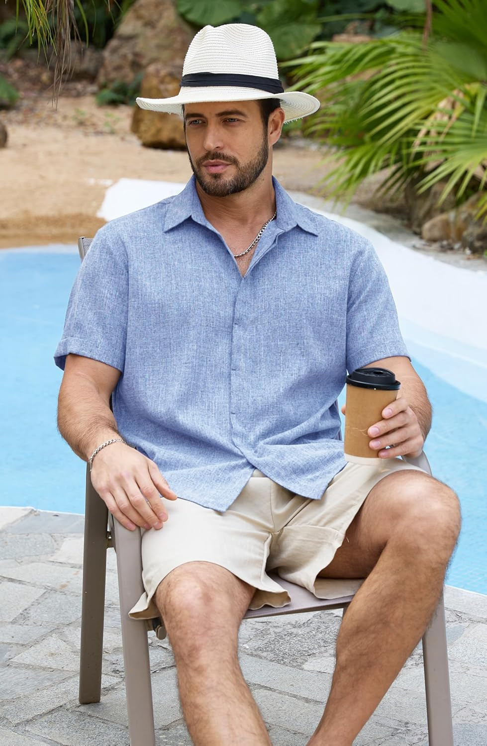 Men's Short Sleeve Linen Casual Button-Down Shirt for Summer Beach Vacations - Breathable Dress Shirt