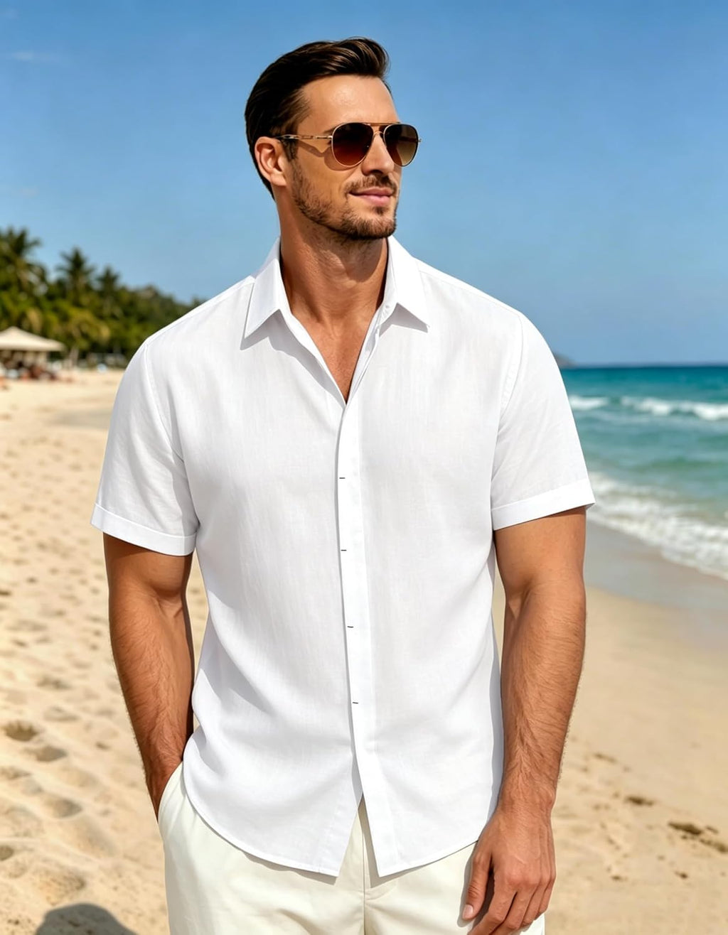 Men's Short Sleeve Linen Casual Button-Down Shirt for Summer Beach Vacations - Breathable Dress Shirt