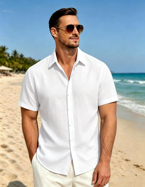 Men's Short Sleeve Linen Casual Button-Down Shirt for Summer Beach Vacations - Breathable Dress Shirt