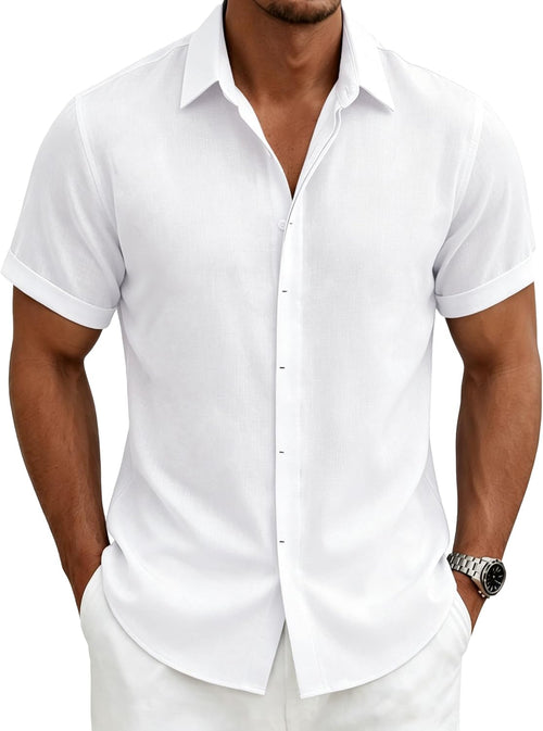 Men's Short Sleeve Linen Casual Button-Down Shirt for Summer Beach Vacations - Breathable Dress Shirt